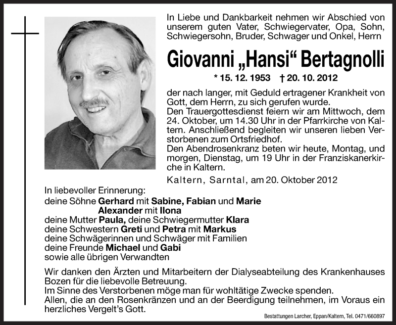  Traueranzeige für Giovanni Bertagnolli vom 22.10.2012 aus Dolomiten