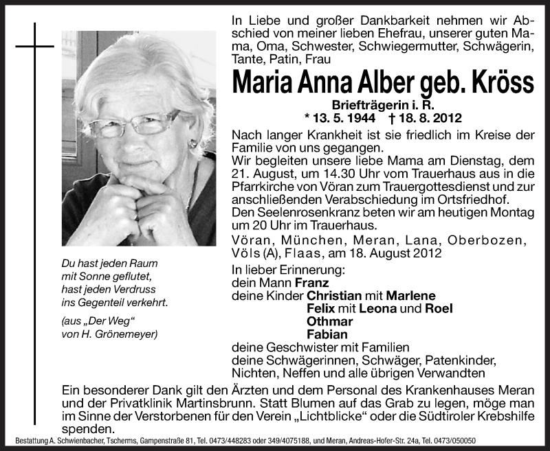  Traueranzeige für Maria Anna Alber vom 20.08.2012 aus Dolomiten