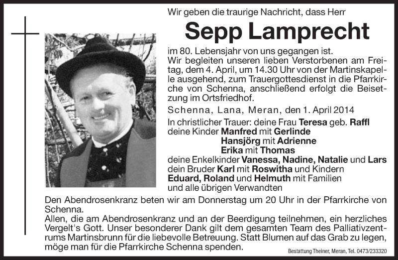  Traueranzeige für Sepp Lamprecht vom 03.04.2014 aus Dolomiten