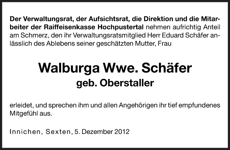  Traueranzeige für Walburga Schäfer vom 06.12.2012 aus Dolomiten