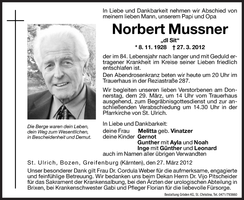  Traueranzeige für Norbert Mussner vom 28.03.2012 aus Dolomiten