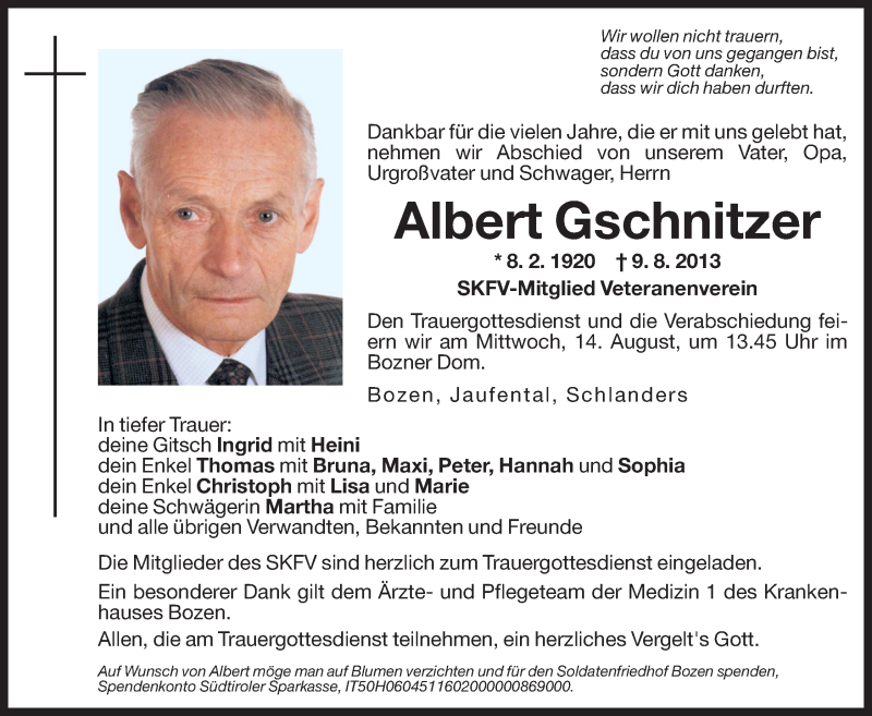  Traueranzeige für Albert Gschnitzer vom 13.08.2013 aus Dolomiten