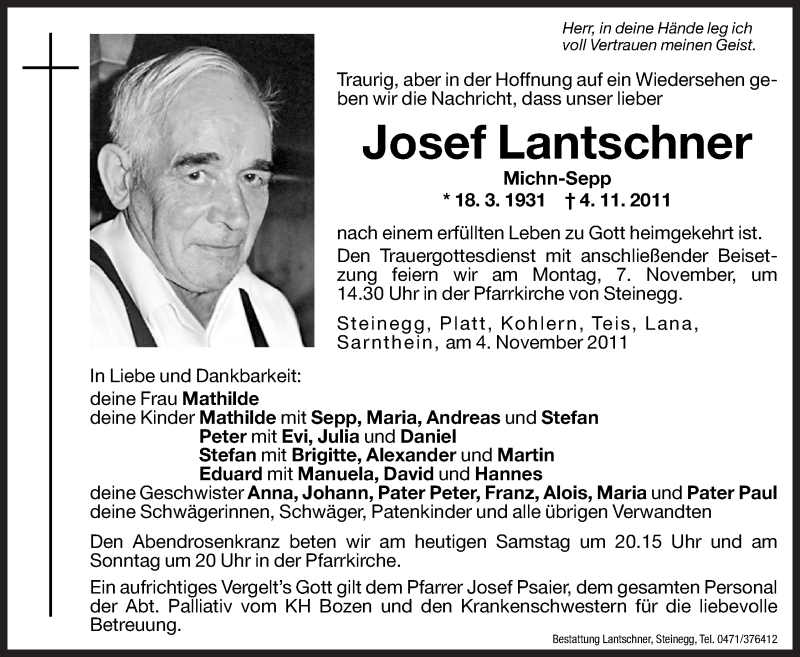  Traueranzeige für Josef Lantschner vom 11.05.2011 aus Dolomiten