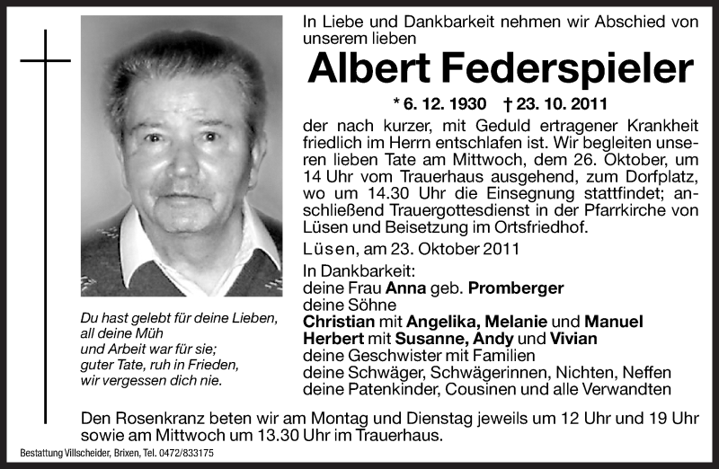  Traueranzeige für Albert Federspieler vom 24.10.2011 aus Dolomiten