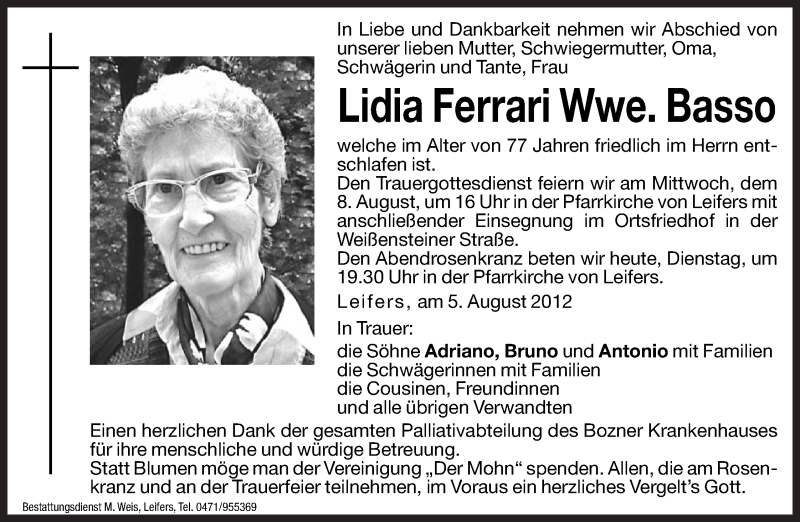  Traueranzeige für Lidia Basso vom 07.08.2012 aus Dolomiten