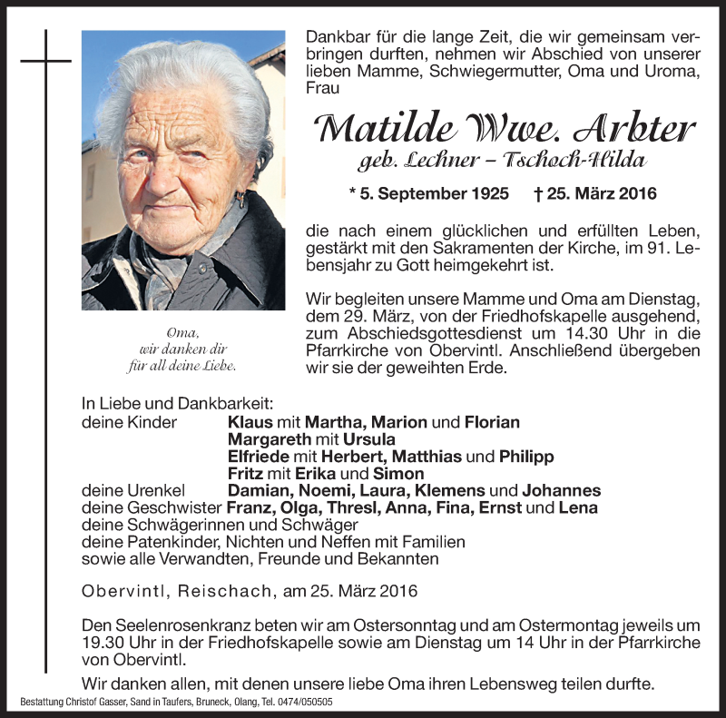  Traueranzeige für Matilde Arbter vom 26.03.2016 aus Dolomiten