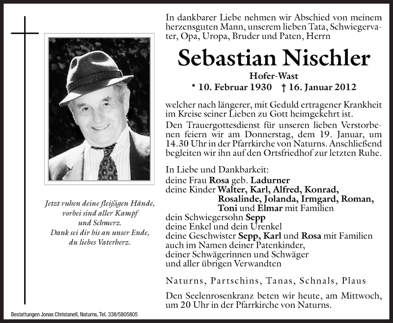  Traueranzeige für Sebastian Nischler vom 18.01.2012 aus Dolomiten