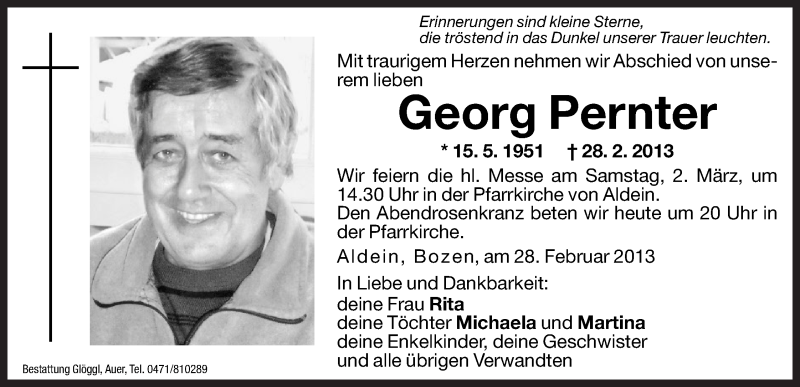  Traueranzeige für Georg Pernter vom 01.03.2013 aus Dolomiten