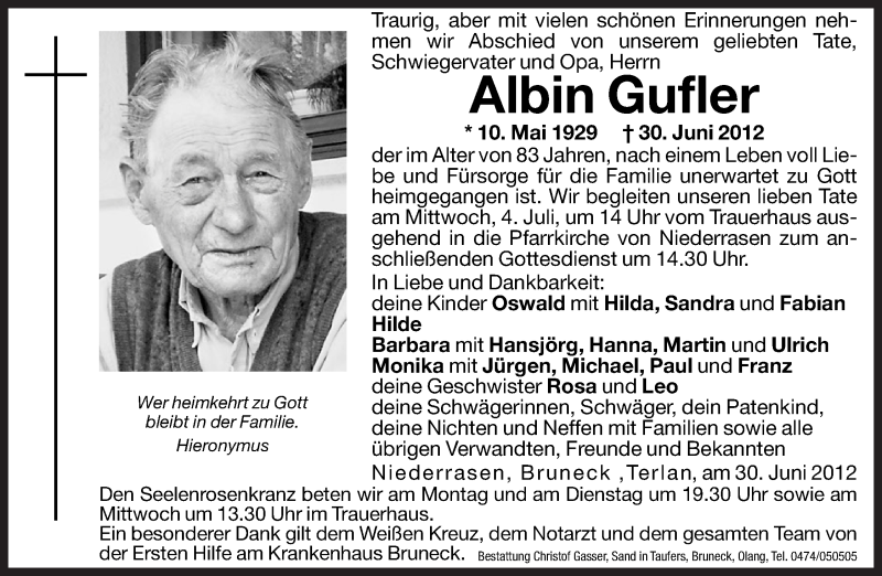  Traueranzeige für Albin Gufler vom 02.07.2012 aus Dolomiten