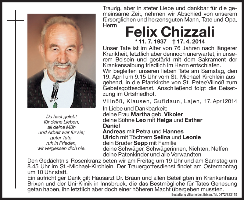  Traueranzeige für Felix Chizzali vom 18.04.2014 aus Dolomiten