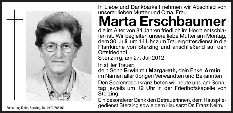  Traueranzeige für Marta Erschbaumer vom 28.07.2012 aus Dolomiten