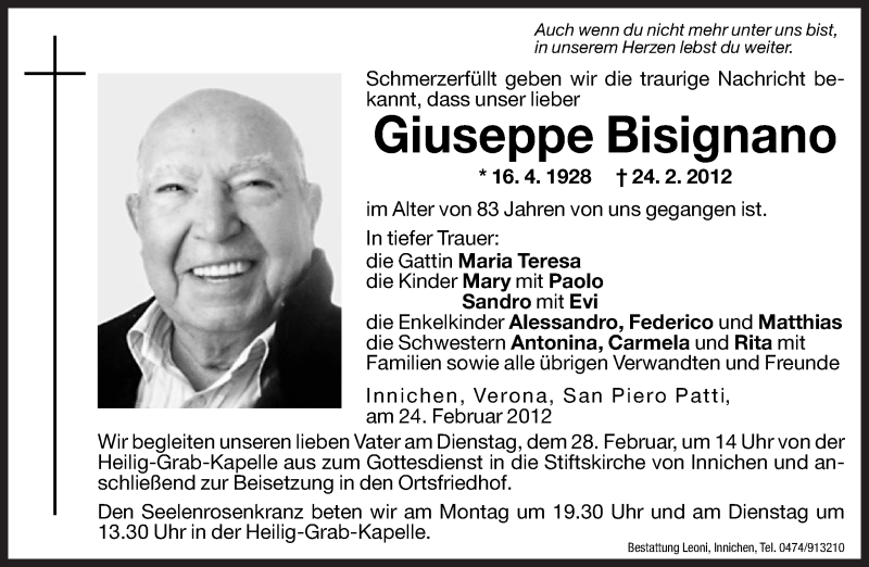  Traueranzeige für Giuseppe Bisignano vom 27.02.2012 aus Dolomiten