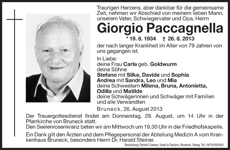  Traueranzeige für Giorgio Paccagnella vom 28.08.2013 aus Dolomiten