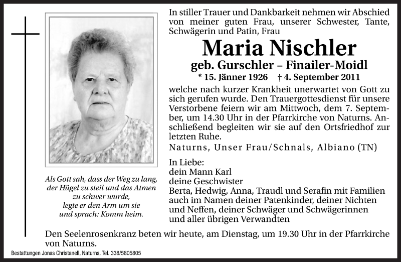  Traueranzeige für Maria Nischler vom 06.09.2011 aus Dolomiten