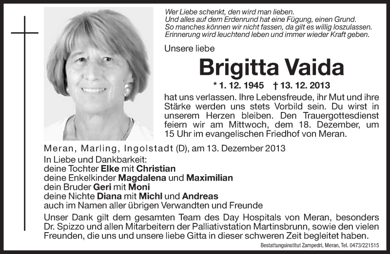  Traueranzeige für Brigitta Vaida vom 16.12.2013 aus Dolomiten