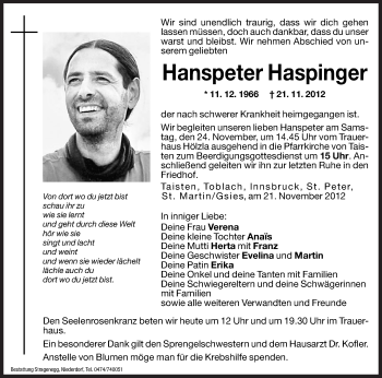 Traueranzeige von Hanspeter Haspinger von Dolomiten