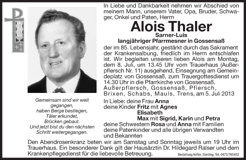  Traueranzeige für Alois Thaler vom 06.07.2013 aus Dolomiten