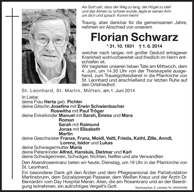  Traueranzeige für Florian Schwarz vom 03.06.2014 aus Dolomiten