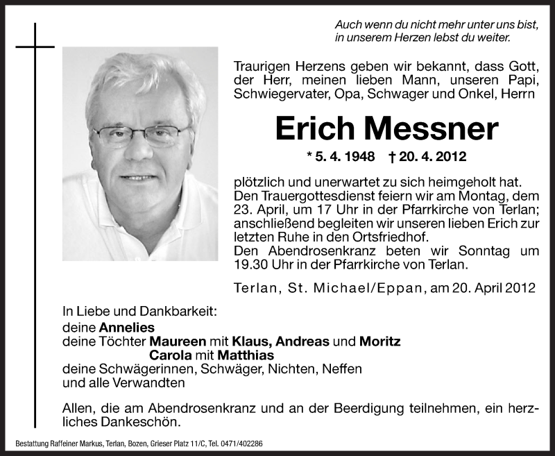  Traueranzeige für Erich Messner vom 21.04.2012 aus Dolomiten