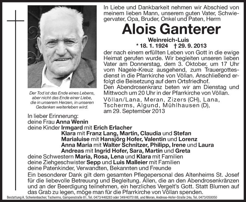  Traueranzeige für Alois Ganterer vom 01.10.2013 aus Dolomiten