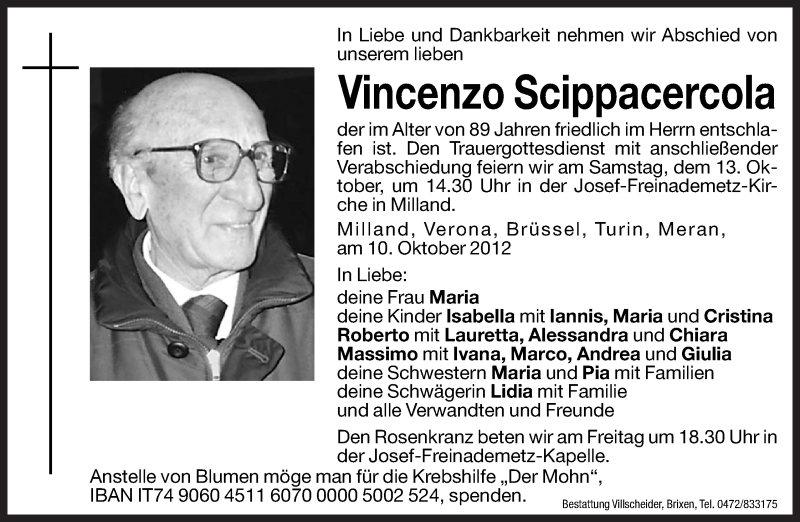  Traueranzeige für Vincenzo Scippacercola vom 12.10.2012 aus Dolomiten