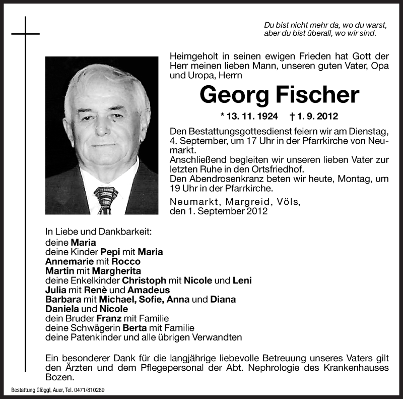  Traueranzeige für Georg Fischer vom 03.09.2012 aus Dolomiten