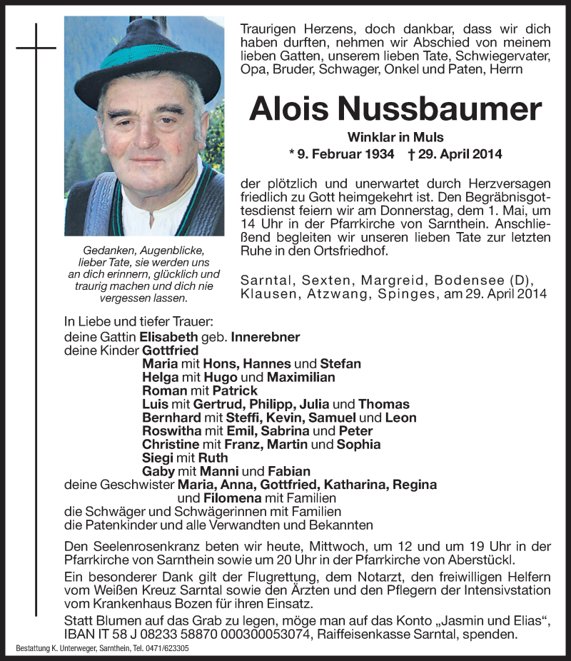  Traueranzeige für Alois Nussbaumer vom 30.04.2014 aus Dolomiten