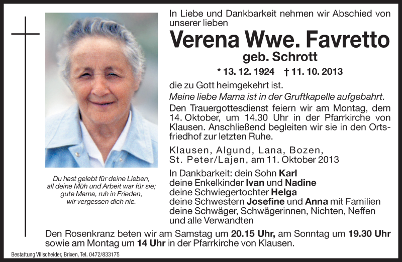  Traueranzeige für Verena Schrott vom 12.10.2013 aus Dolomiten