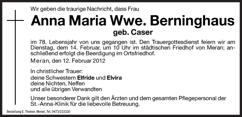  Traueranzeige für Anna Maria Berninghaus vom 13.02.2012 aus Dolomiten