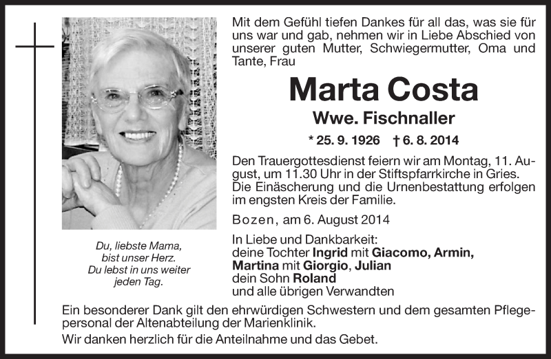  Traueranzeige für Marta Fischnaller vom 09.08.2014 aus Dolomiten
