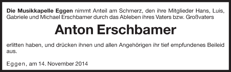  Traueranzeige für Anton Erschbamer vom 15.11.2014 aus Dolomiten