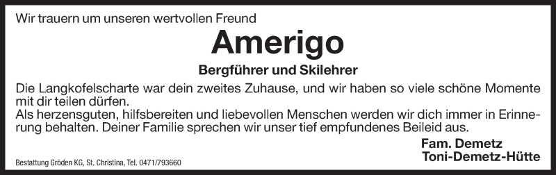  Traueranzeige für Amerigo  vom 02.09.2015 aus Dolomiten