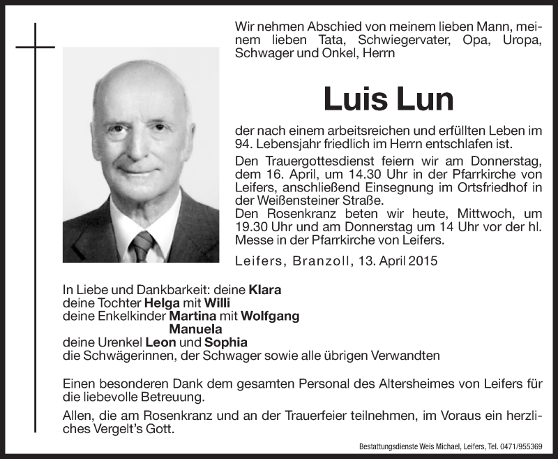  Traueranzeige für Luis Lun vom 15.04.2015 aus Dolomiten