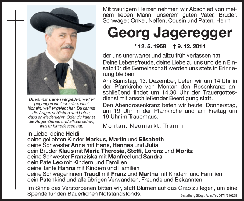  Traueranzeige für Georg Jageregger vom 11.12.2014 aus Dolomiten