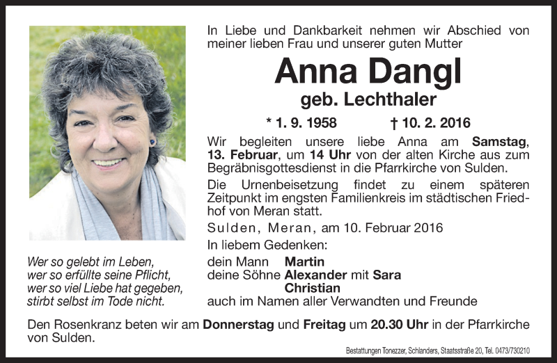  Traueranzeige für Anna Dangl vom 11.02.2016 aus Dolomiten