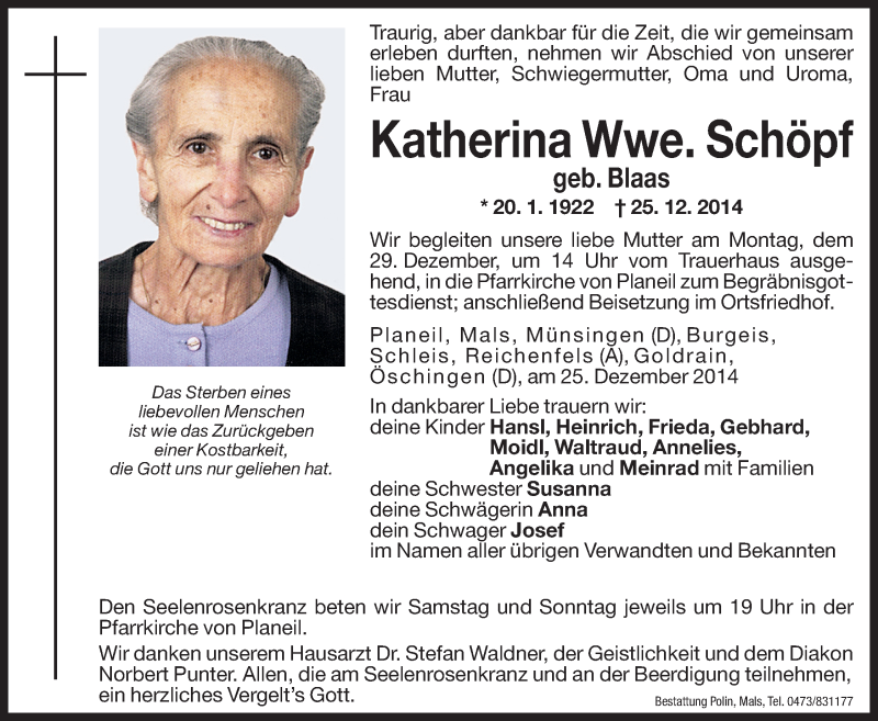  Traueranzeige für Katherina Schöpf vom 27.12.2014 aus Dolomiten