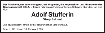 Traueranzeige von Adolf Stufferin von Dolomiten