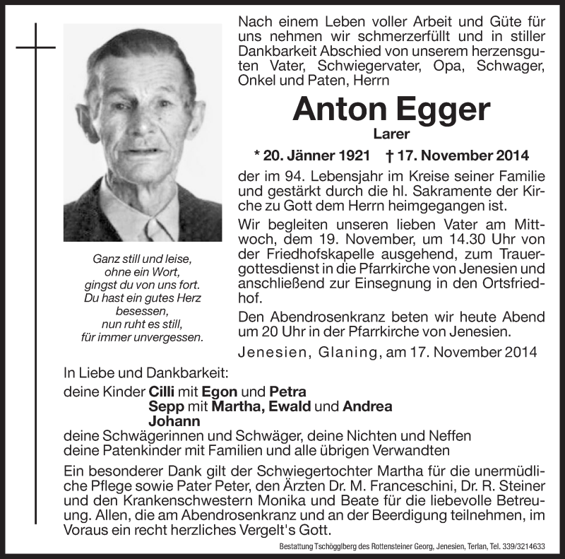  Traueranzeige für Anton Egger vom 18.11.2014 aus Dolomiten