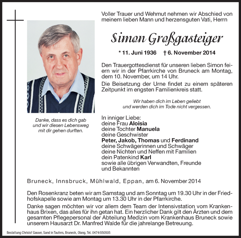  Traueranzeige für Simon Großgasteiger vom 08.11.2014 aus Dolomiten