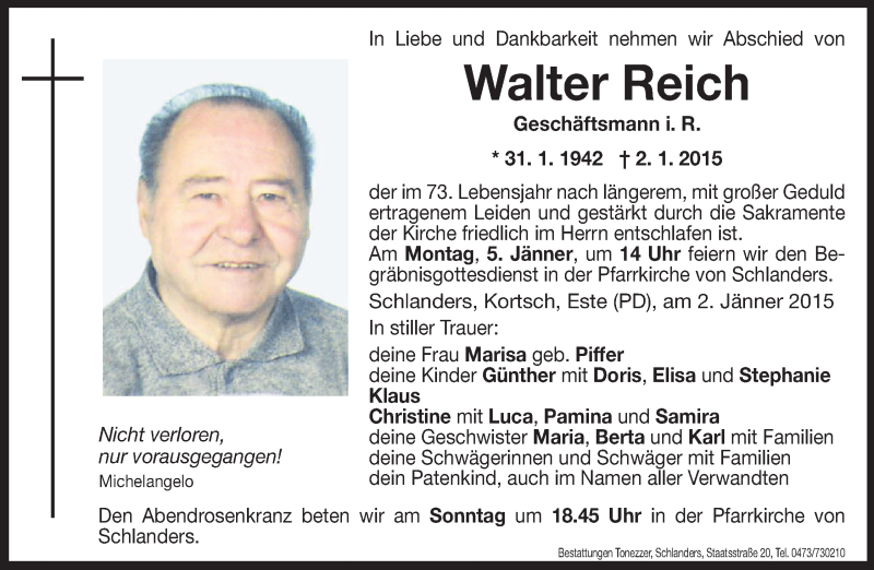 Traueranzeigen Von Walter Reich | Trauer.bz