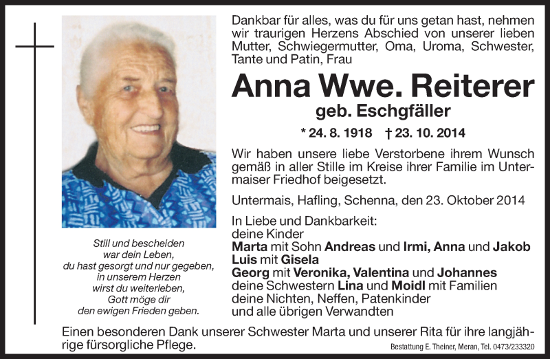  Traueranzeige für Anna Reiterer vom 27.10.2014 aus Dolomiten