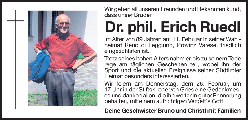  Traueranzeige für Erich Ruedl vom 24.02.2015 aus Dolomiten