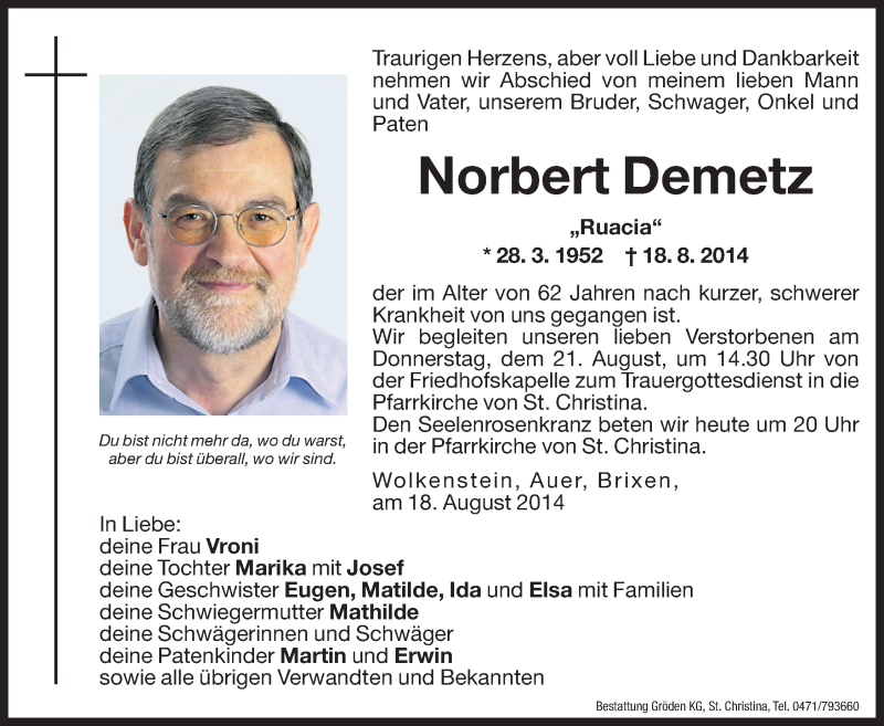  Traueranzeige für Norbert Demetz vom 20.08.2014 aus Dolomiten