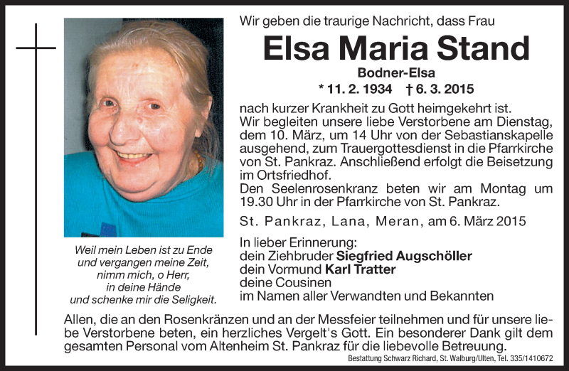  Traueranzeige für Elsa Maria Stand vom 09.03.2015 aus Dolomiten