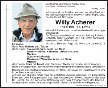 Traueranzeige von Willy Acherer von Dolomiten