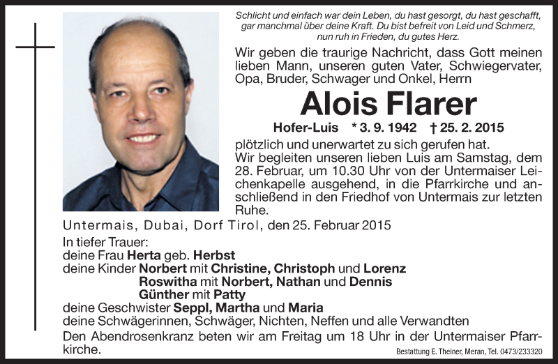  Traueranzeige für Alois Flarer vom 27.02.2015 aus Dolomiten