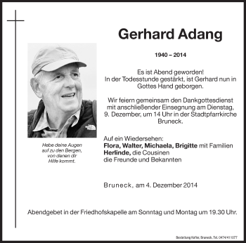 Traueranzeige von Gerhard Adang von Dolomiten