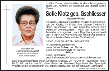 Traueranzeige von Sofie Klotz von Dolomiten