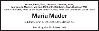 Traueranzeige von Maria Mader von Dolomiten