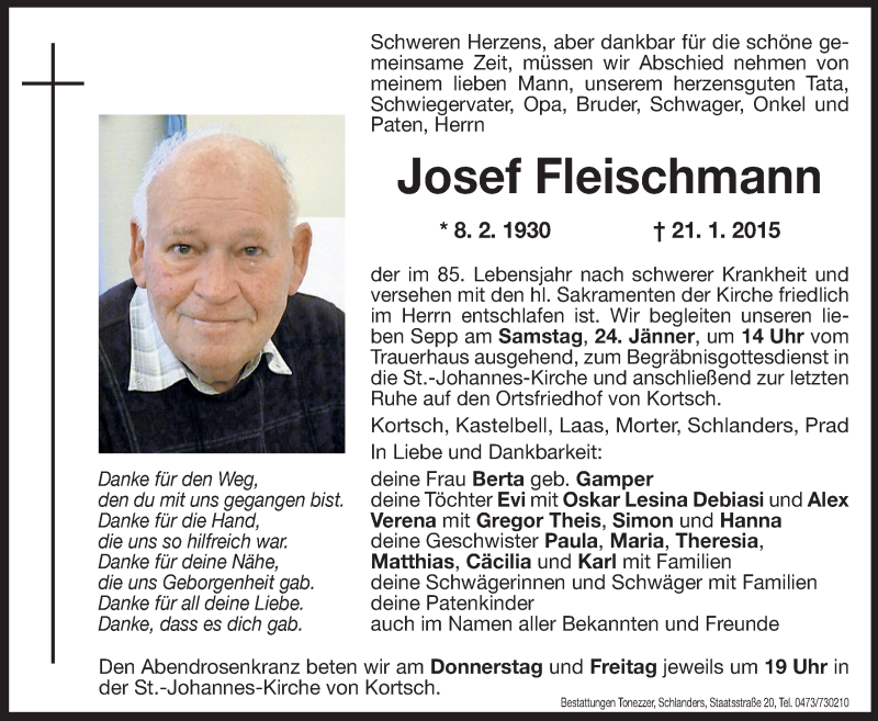  Traueranzeige für Josef Fleischmann vom 22.01.2015 aus Dolomiten